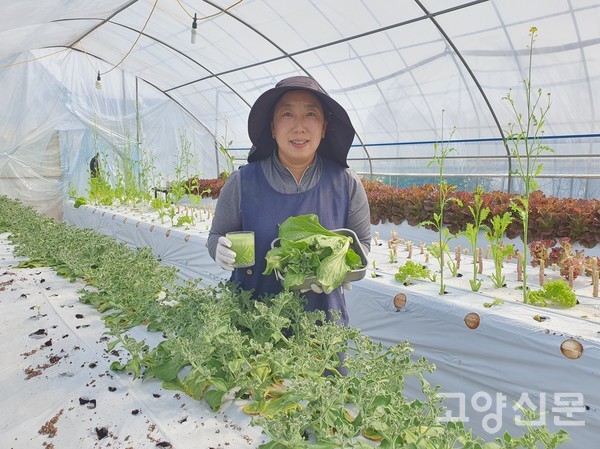 안정희 대표가 아이스 플랜트와 주스를 들고 설명하고 있다.