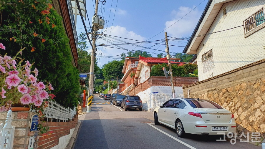 사랑의 전원마을(옛 공무원주택)의 메인도로. 경사가 꽤 가파른 이 길을 중심으로 좌우 대칭형으로 골목길이 이어진다.