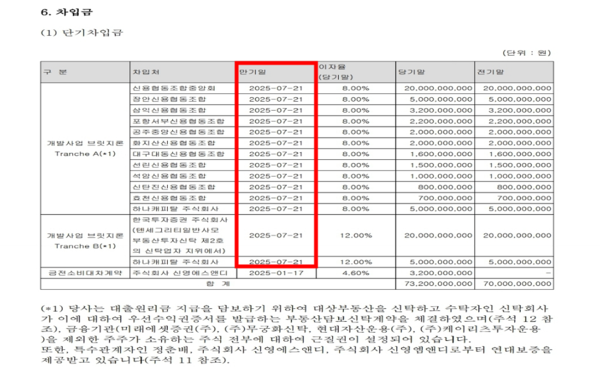 ㈜신영식사피에프브이의 감사보고서 중 단기차입금 부분. 총 700억원의 개발사업 브릿지론 만기일이 7월 21일이다. [자료제공 = 임홍열 의원]