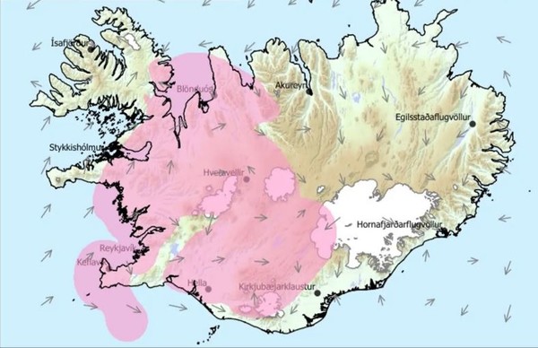 화산 폭발 이후에 아이슬란드 기상청이 공유한 대기질 정보. 바람  방향에 따라 분홍색의 오염대기의 이동을 보여주고 있다. 아이슬란드 기상청 자료화면 캡처. [이철규 북유럽특파원]