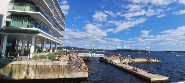 여름 무더위에 오슬로 피오르드(Fjord)변 주택 옆에 피서객이 모여있다. [이철규 북유럽특파원]