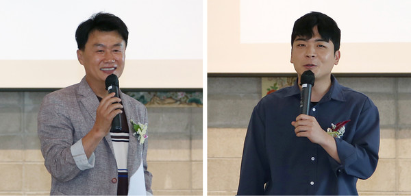 김희섭 고양시의원(문화복지부위원장)과 정동혁 경기도의원(문화체육관광위원회)이 창립총회에서 축하 인사말을 전하고 있다.(왼쪽부터)