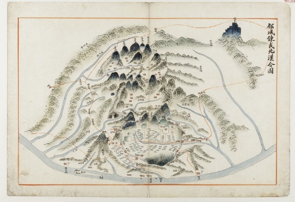 18세기 '동국여도' 에 수록된 도성연융북한합도. 한양의 수도성곽 구성을 한 장의 지도에 담았다. [사진제공=고양시]
