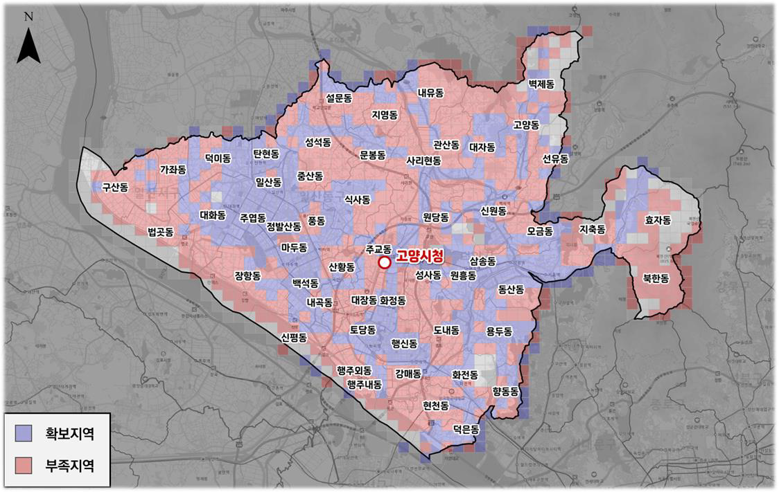 고양시 대중교통 최소서비스 수준 분석 결과(2023년, 500m 격차 기준). 지역 간 대중교통 서비스 불균형 현황을 한눈에 확인할 수 있다. (출처=고양시 버스 노선체계 개편 연구용역 착수보고서)