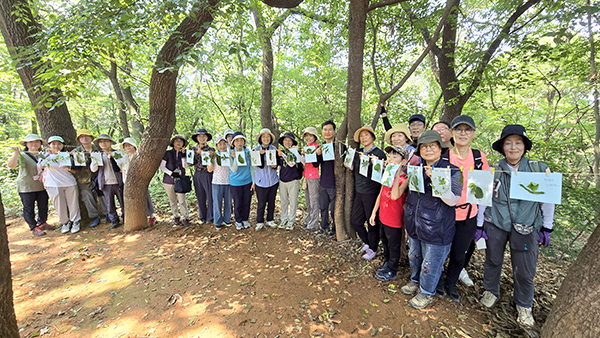 고양 마을숲 생태탐사단이 지난달 25일 영주산 정상에서 나뭇잎, 풀, 꽃을 소재로 즉석에서 생태작품을 만들어 전시하고 있다.