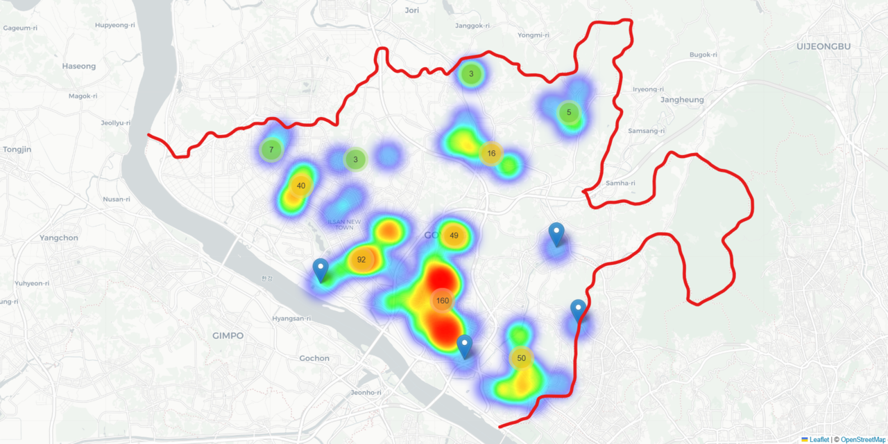히트맵으로 표시된 침수지역. 붉은색이 짙은 지역(화정, 행신)일수록 침수피해가 집중됐다. 