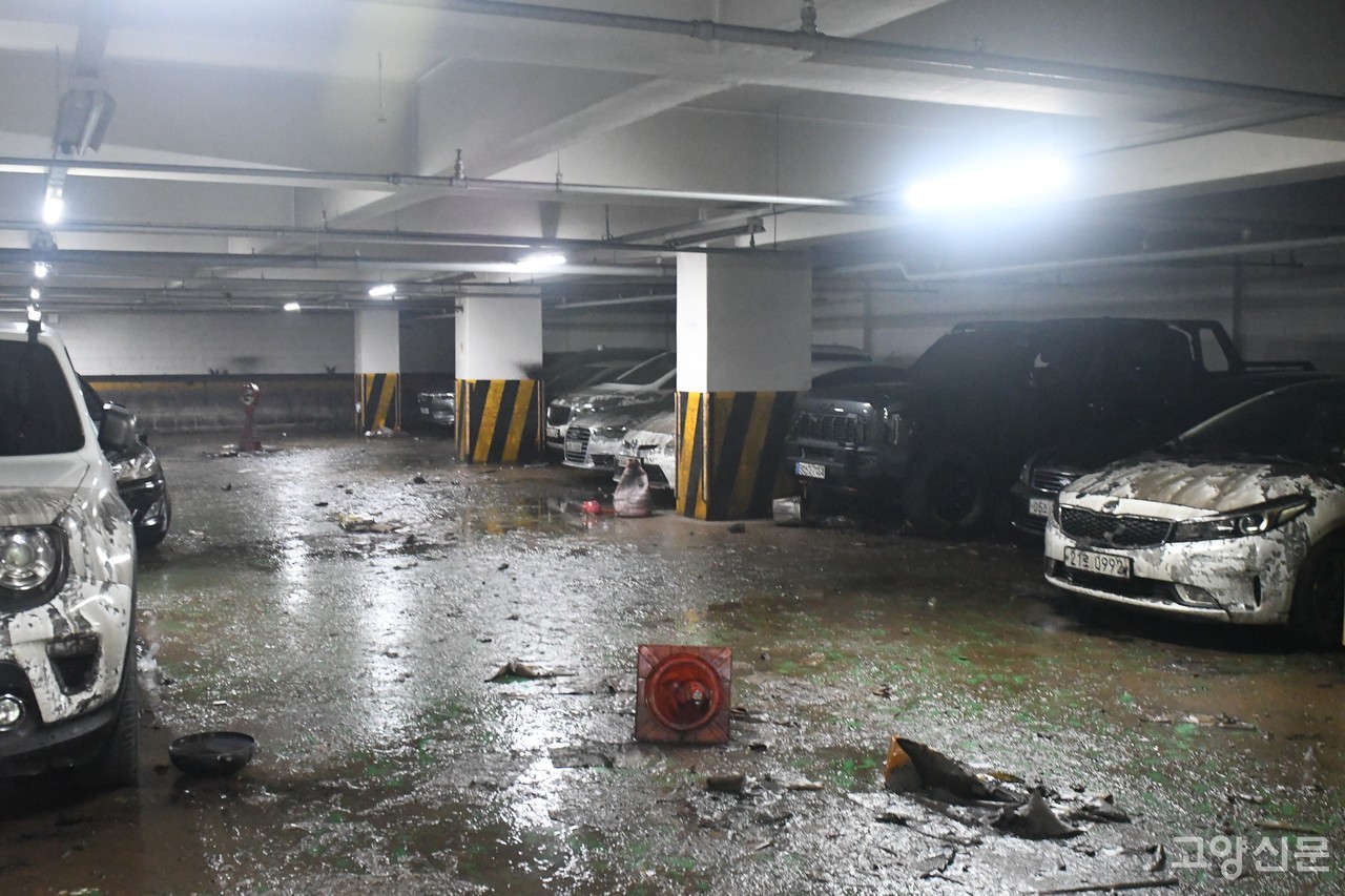 지난 19일 행신역 인근 한 건물 지하주차장. 침수 차량이 곳곳에 주차돼 있다.