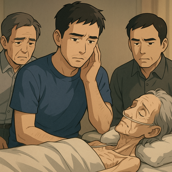 어머니의 죽음을 아버지, 아들 둘이 온전히 겪어내며 겪는 갈등 챗GPT로 생성한 이미지.