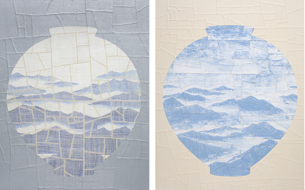 왼쪽) comfort-위로 91.0x116.8cm mixed media 2025  / 오른쪽) comfort-위로 91.0x116.8cm mixed media 2023