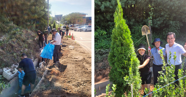 힘은 들었지만 깨끗하게 변한 마을길을 보고 환한 미소도 나왔다. 오른쪽 사진 왼쪽부터, 정혜선 흥도동 주민자치회장, 이용진 흥도동장, 박동한 고양CC사장.