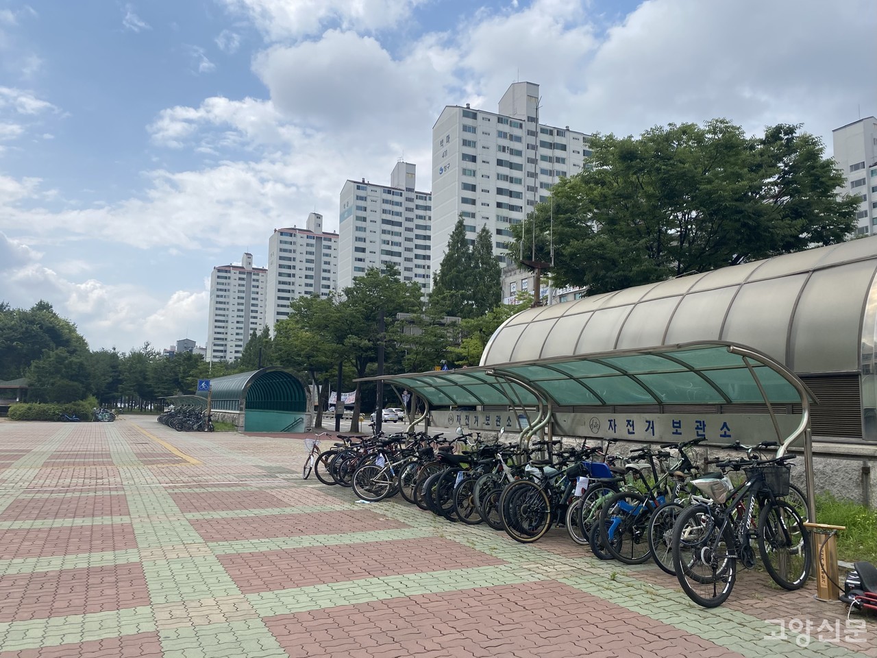 풍산역 앞 자전거 보관소의 모습. 방치된 자전거가 곳곳에 섞여 있고, 지붕은 비를 막기에 열악하다. [사진= 김현정 인턴기자]