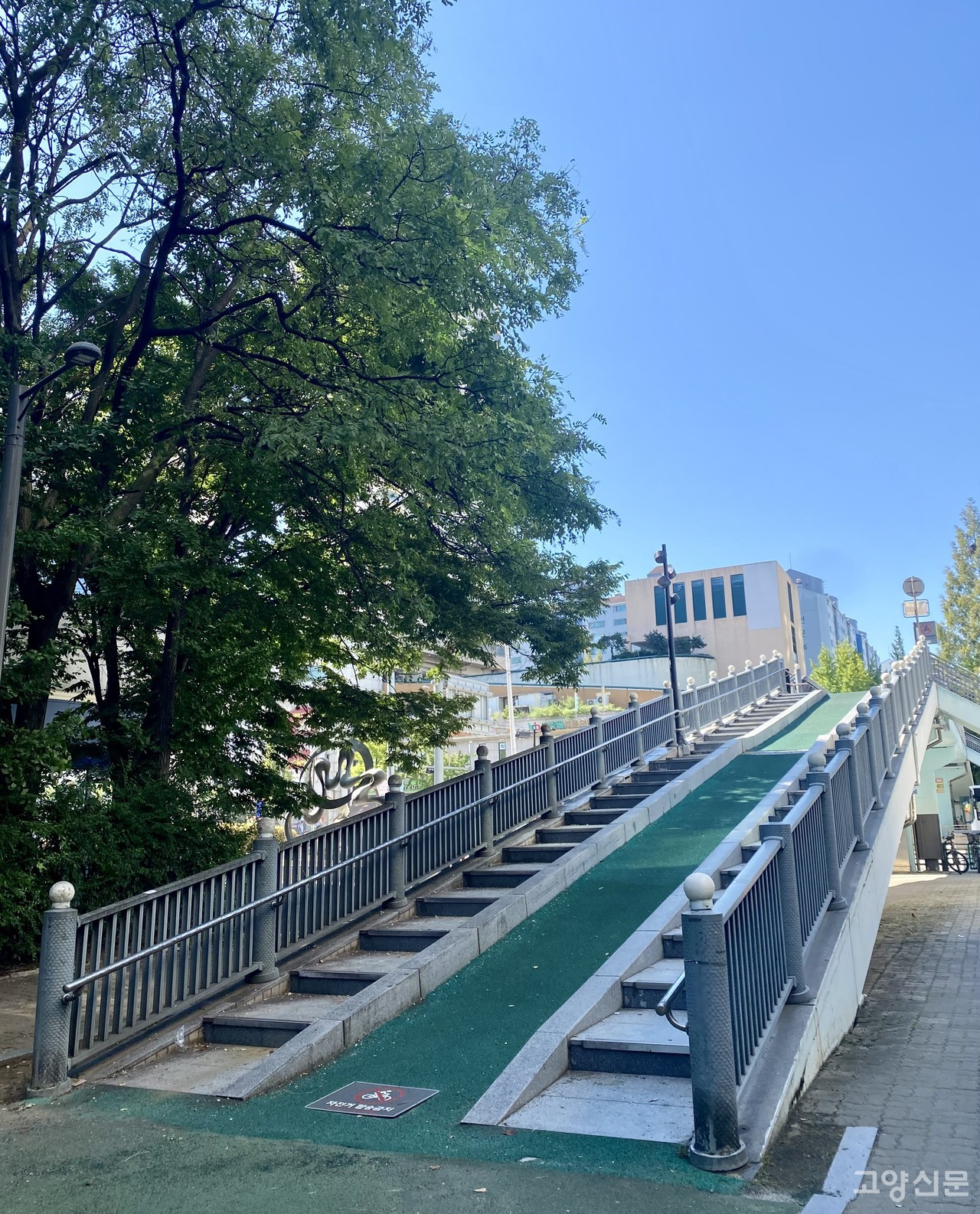 육교에 설치된 자전거 경사로. 너무 가팔라서 자전거를 끌고 올라가는 것이 불가능하다. 나경호 활동가는 “이용하라는 게 아니라 조롱하는 느낌”이라고 푸념했다. [사진=김현정 인턴기자]