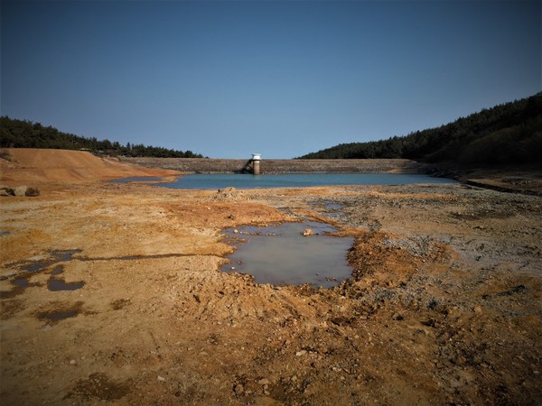 가뭄으로 바닥이 드러난 전남 완도의 한 저수지.