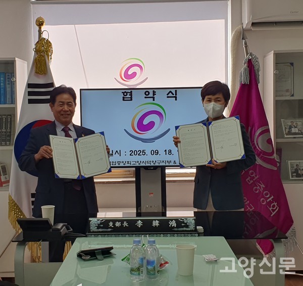 이한홍 외식업 덕양구지부 회장(왼쪽), 김진영 신한은행 뭔당지점장이 기념사진을 찍었다.