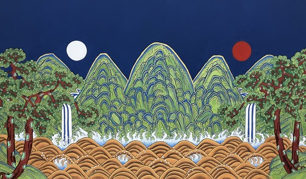 일월오봉도, 45×78cm, 순지 수간분채, 2023