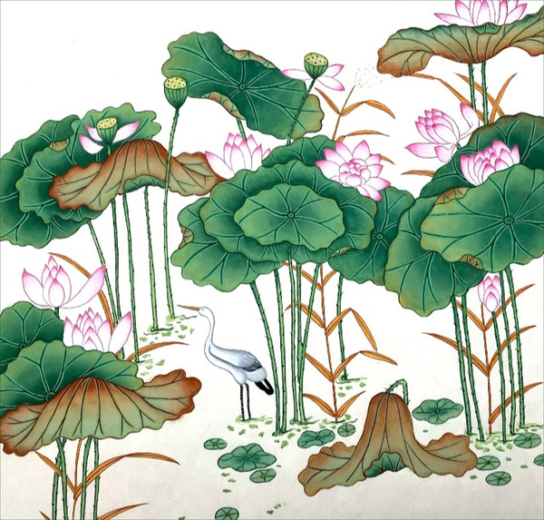 연화도, 70×60cm, 옻지 수간분채, 2024