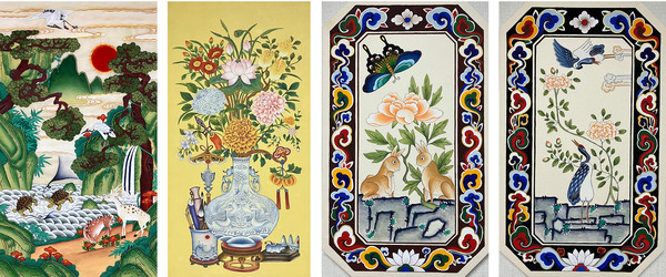 왼쪽부터 십장생도, 87×49cm, 순지 수간분채 금분, 2025 / 화병도, 81×45cm, 순지 수간분채, 2024 / 화조영모도, 60x37x2ea, 장지 수간분채, 2024(1) / 화조영모도, 60x37x2ea, 장지 수간분채, 2024(2)