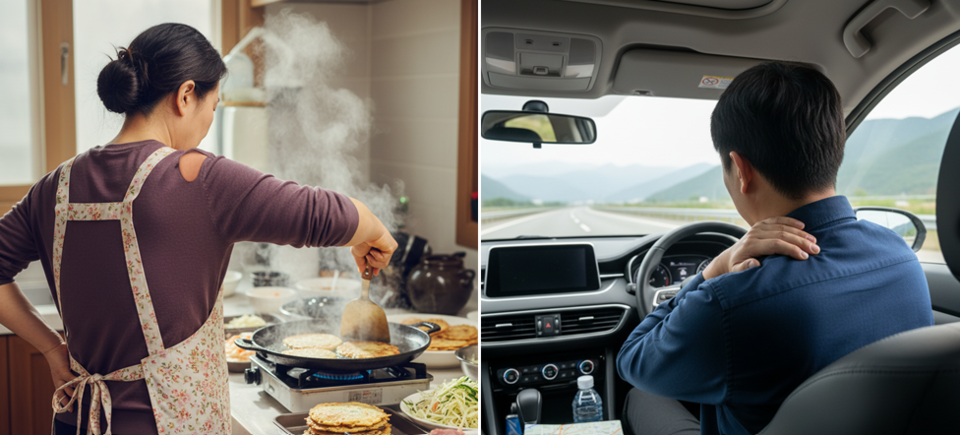 명절 증후군은 대부분 반복 작업과 장시간 운전으로 인한 통증이기 때문에 평소보다 세심한 어깨 건강 관리가 요구된다. [이미지 =AI제작]