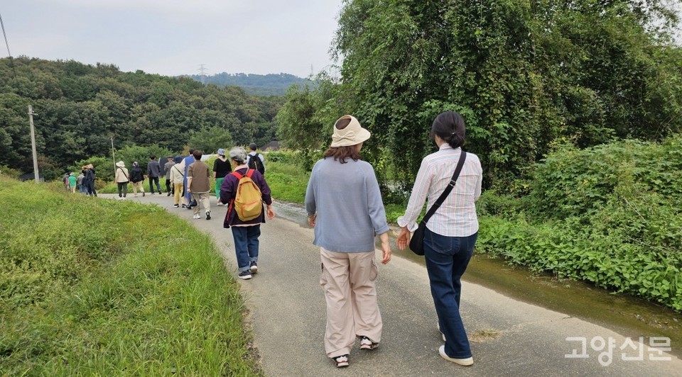 한가로운 시골길을 걸으며 가을 정취를 즐기는 참가자들.