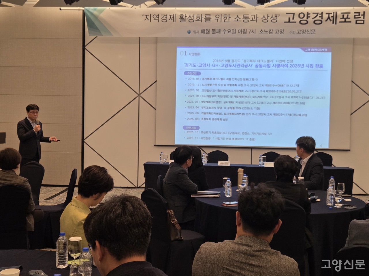 지난 15일 소노캄 고양에서 개최한 고양경제포럼·고양신문 주최 ‘제72회 고양경제포럼’에서 경기주택도시공사(GH) 김진묵 고양사업단 부장이 일산테크노밸리 토지분양 계획을 발표하고 있다.
