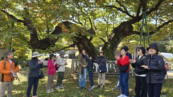 지난달 25일 마을숲 탐사대원들이 산황산 들머리에서 용뿔 느티나무에 대한 설명을 듣고 있다.
