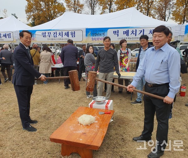 홍성규 신도농협 조합장(오른쪽)과 유완식 고양축협 조합장이 떡메치기 시범에 앞서 포즈를 취했다.
