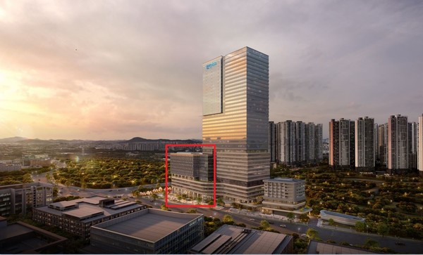 ‘GH Biz&고양’ 투시도. 경기관광공사, 경기문화재단, 경기도 평생교육진흥원, 경기주택공사 고양사업단이 준공예정 시기인 2009년 하반기 40층 본관과 연결된 14층 높이의 ‘별동’(네모칸으로 표시)으로 입주할 계획이다