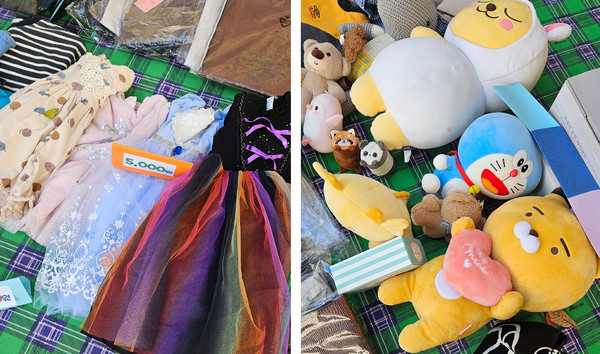 바자회 물품들. 캐릭터 인형부터 옷까지 다양한 물품들이 장터에 함께 했다.