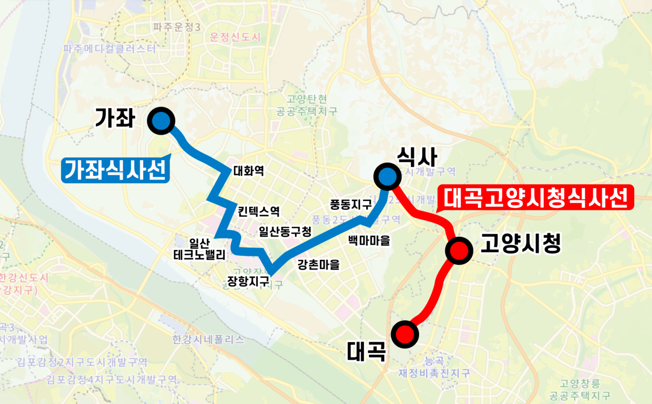 트램으로 연결되는 가좌식사선(13.37㎞)과 대곡고양시청식사선(6.25㎞) 노선도.
