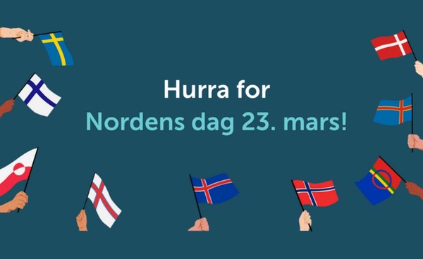노르딕데이(Nordic Day) 축하문구에 형형색색의 노르딕 십자문양 깃발을 소개하고 있다.  노르웨이 북유럽협회 자료화면 캡처