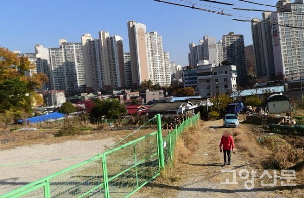 고양동 1-1구역 일대의 전경. 노후화된 주택가 뒤로 들어선 고층 아파트 단지가 대조를 이룬다. 구역 내 군사시설 처분 문제로 오랜 기간 개발이 제한되어 주거 환경 개선이 시급했던 곳이다.