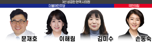 6.3지방선거에서 당선되며 3선 대열에 올라선 현역 시의원들. 왼쪽부터 더불어민주당 문재호, 이해림, 김미수 시의원, 국민의힘 손동숙 시의원.  
