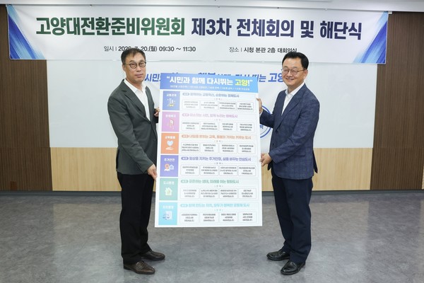 20일 고양시청 대회의실에서 열린 제3차 전체회의 및 해단식에서 김달수 고양대전환준비위원장(왼쪽)이 민경선 고양시장에게 시정비전이 담긴 패널을 전달하고 있다. 인수위 제공.