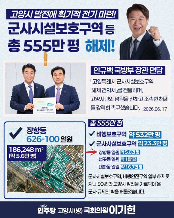 군사시설보호구역 해제를 촉구해 온 지역 정치권의 웹자보. 더불어민주당 이기헌 의원(고양시 병)은 지난 6월 17일 안규백 국방부 장관을 면담하고 조속한 해제를 촉구한 바 있다.