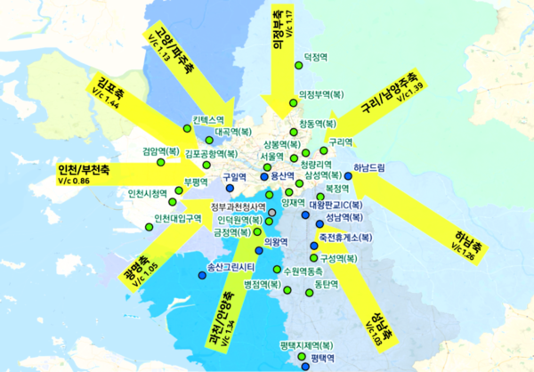 수도권 환승센터 및 복합환승센터 사업 추진 계획 (파란색은 신규, 연두색은 계속, 검정색은 추가 검토 사업).