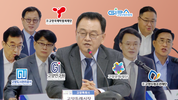 지난 2일 생중계된 고양시 시정회의에서 고양시 6개 공공기관 대표가 조직 혁신방안을 차례로 발표했다. 고양신문 고양팟 썸네일 화면.   