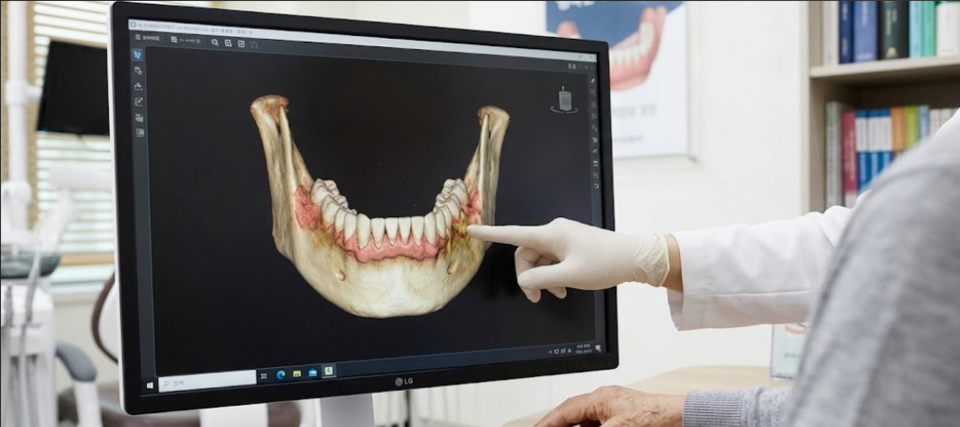 의료진이 3D 영상을 보며 골다공증 환자에게 턱뼈 괴사 위험성과 필수적인 구강 관리법을 설명하고 있다. AI 활용해 제작한 이미지