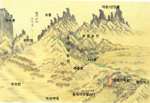 홍하일 교수가 제작한 양주송추도·지형도·수치지도 중첩 분석도. 1915년 지형도와 현대 GIS 수치지도를 중첩하여 양주송추도에 105m봉, 해등로, 겸재 가묘 위치를 수치상으로 확정한 2026년 보고서의 과학적 실증 분석도다. 홍하일 교수 제공