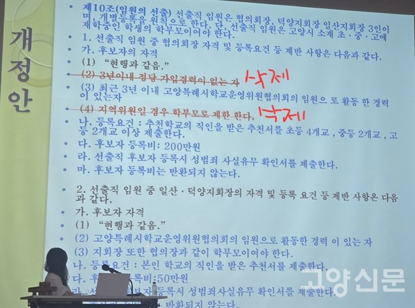 임시총회 당시 정관 개정안 발표 화면. 기존 정관에 있던 임원 선출 요건 중 '3년 이내 정당 가입경력이 없는 자' 조항이 '삭제'로 표시되어 있다.