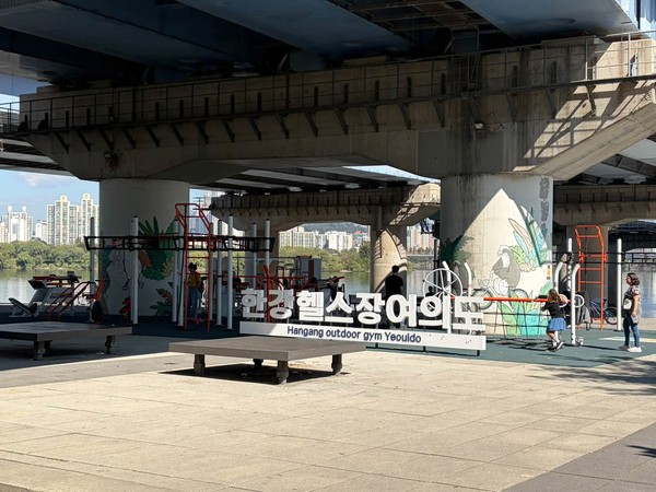 마포대교 교각 하부의 유휴공간을 활용해 조성된 '한강 야외 헬스장' 전경. 다양한 운동 기구가 배치돼 있고, 시민들이 기구를 이용해 체육 활동을 하고 있다. 최은주 의원 제공