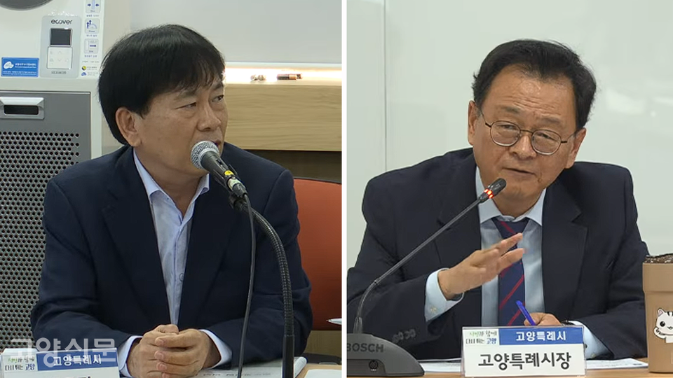 10월 시정회의에서 광역철도사업 관련 논의를 하고 있는 민경선 고양시장(오른쪽)과 장문순 교통국장. 